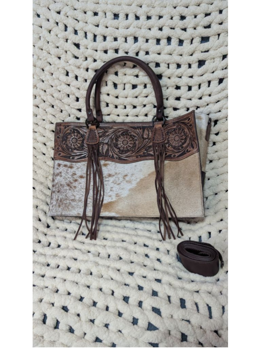 Women's American Darling Brown Beige Tooled Leather Cowhide Tote 17"